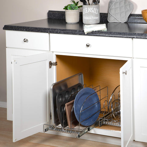 HOLDN’ STORAGE organizer with dimensions overlay showing correct scale for cabinet fit