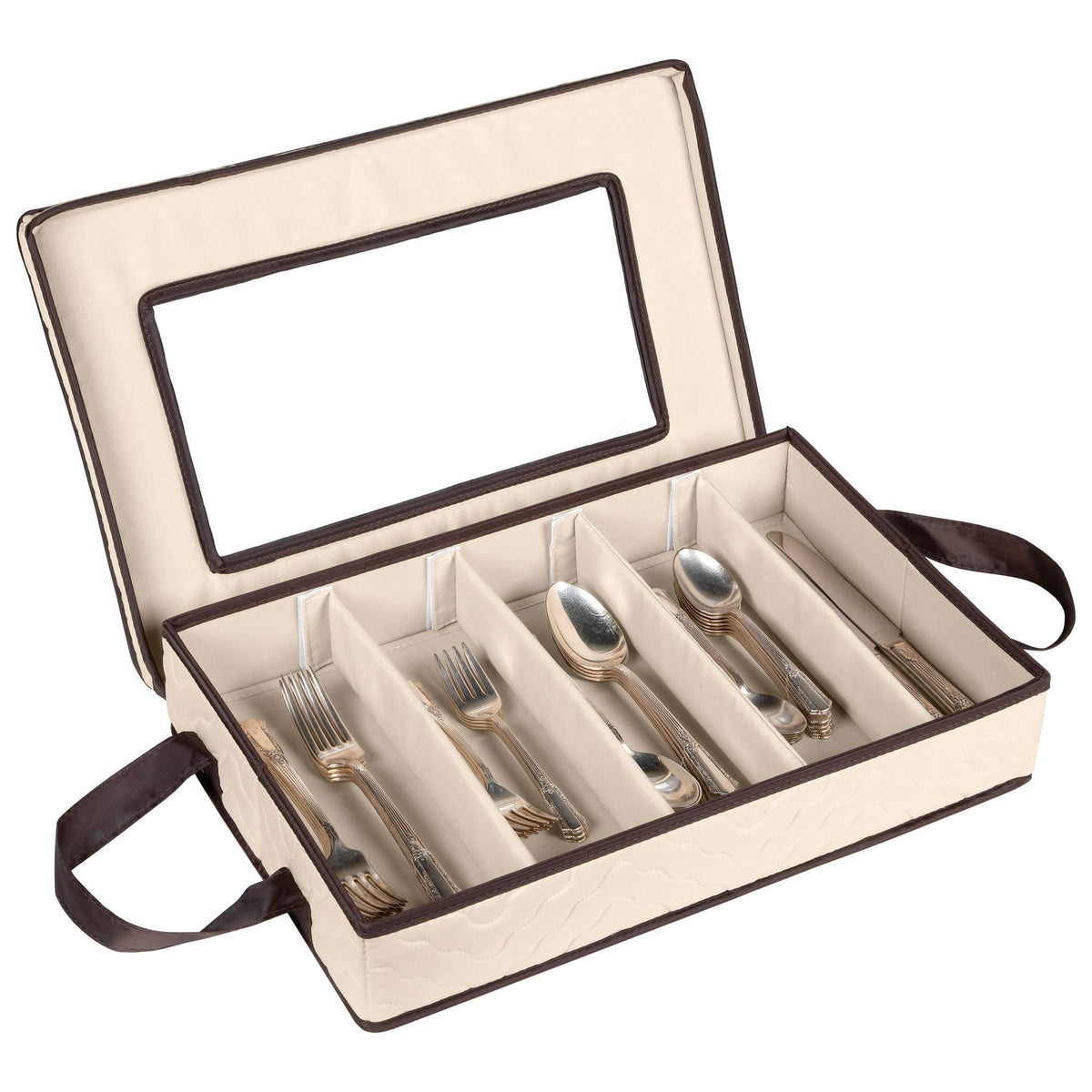 HOLDN’ STORAGE front view showing beige flatware organizer and protective lid benefit