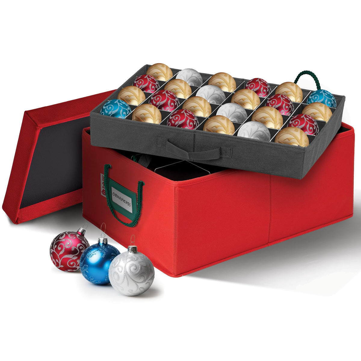 HOLDN’ STORAGE front packaging view showing sturdy holiday organizer and clear capacity benefit