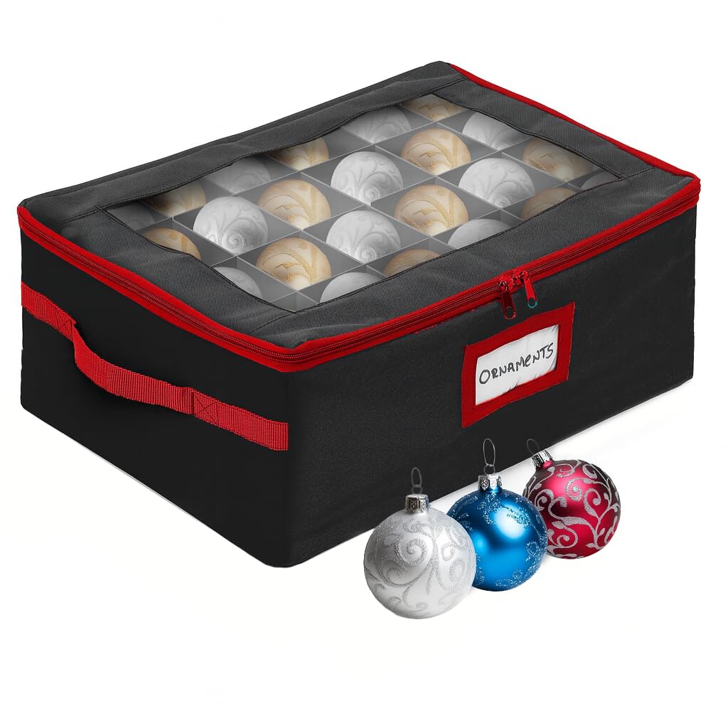 HOLDN’ STORAGE front view of charcoal ornament box showing clear lid and compact footprint