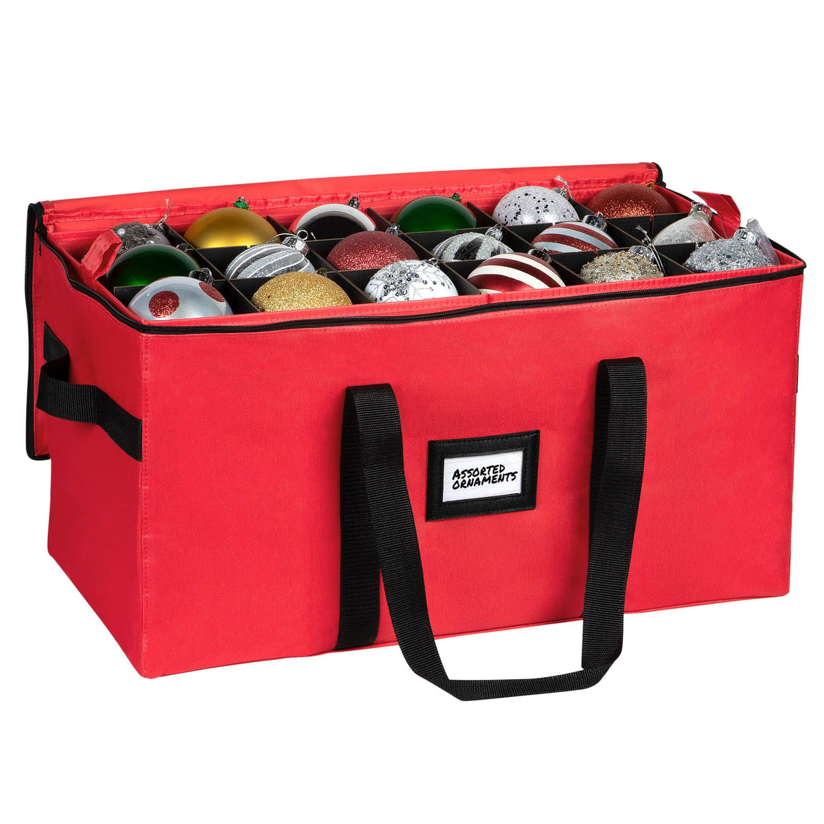 HOLDN’ STORAGE front view of closed ornament container showing durable build and holiday color