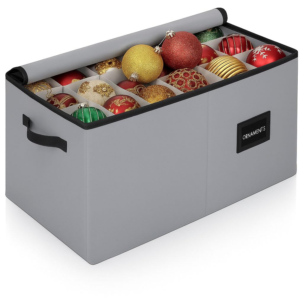 HOLDN’ STORAGE front view of gray ornament box showing capacity benefit
