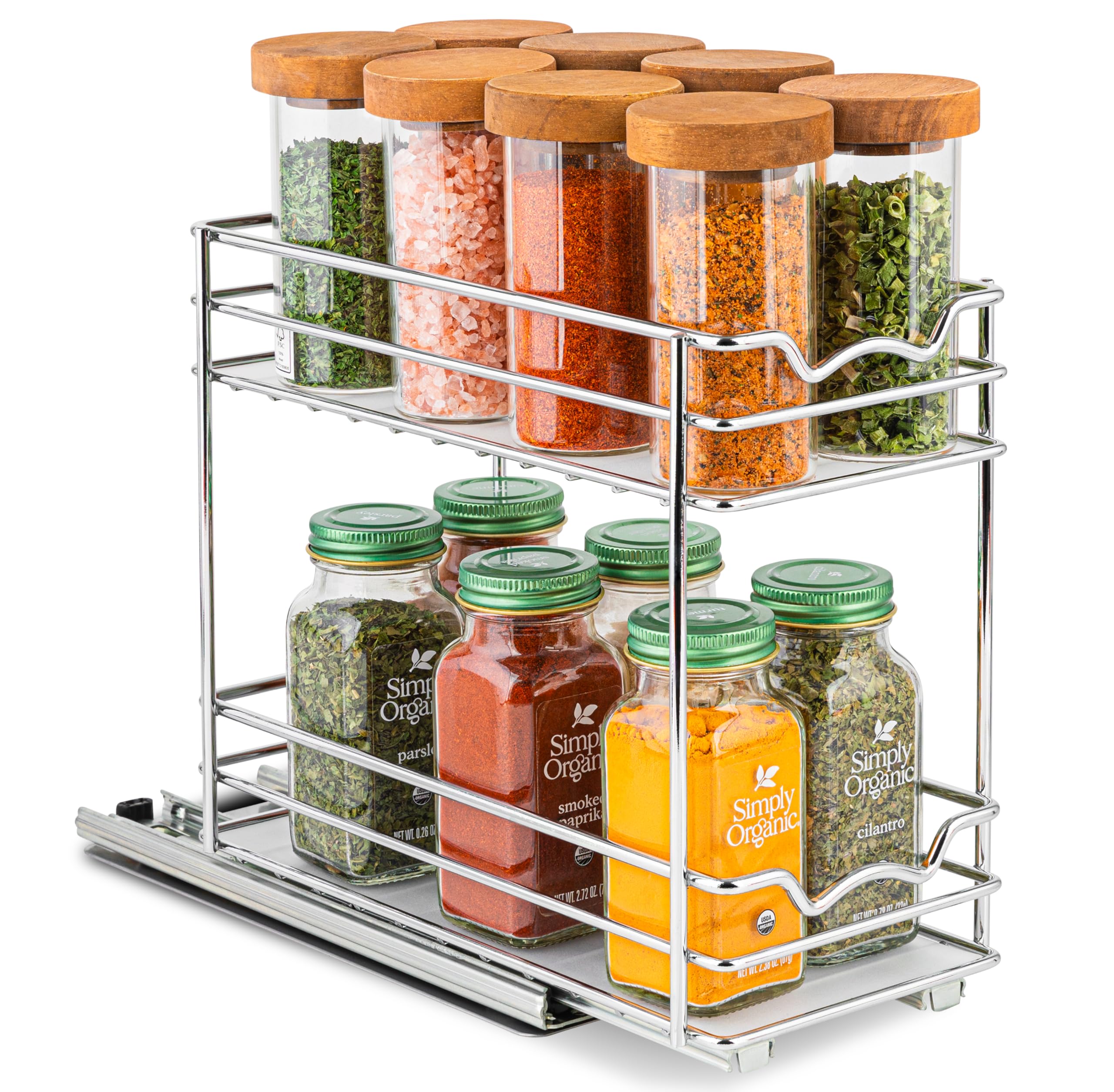 HOLDN’ STORAGE front view of pull-out organizer shows neat spice storage and quick access