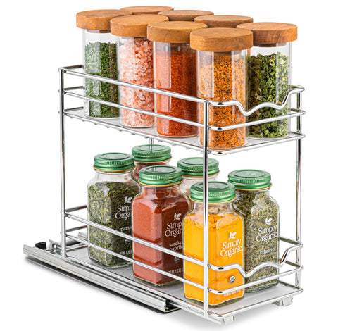 HOLDN’ STORAGE front view of pull-out organizer shows neat spice storage and quick access