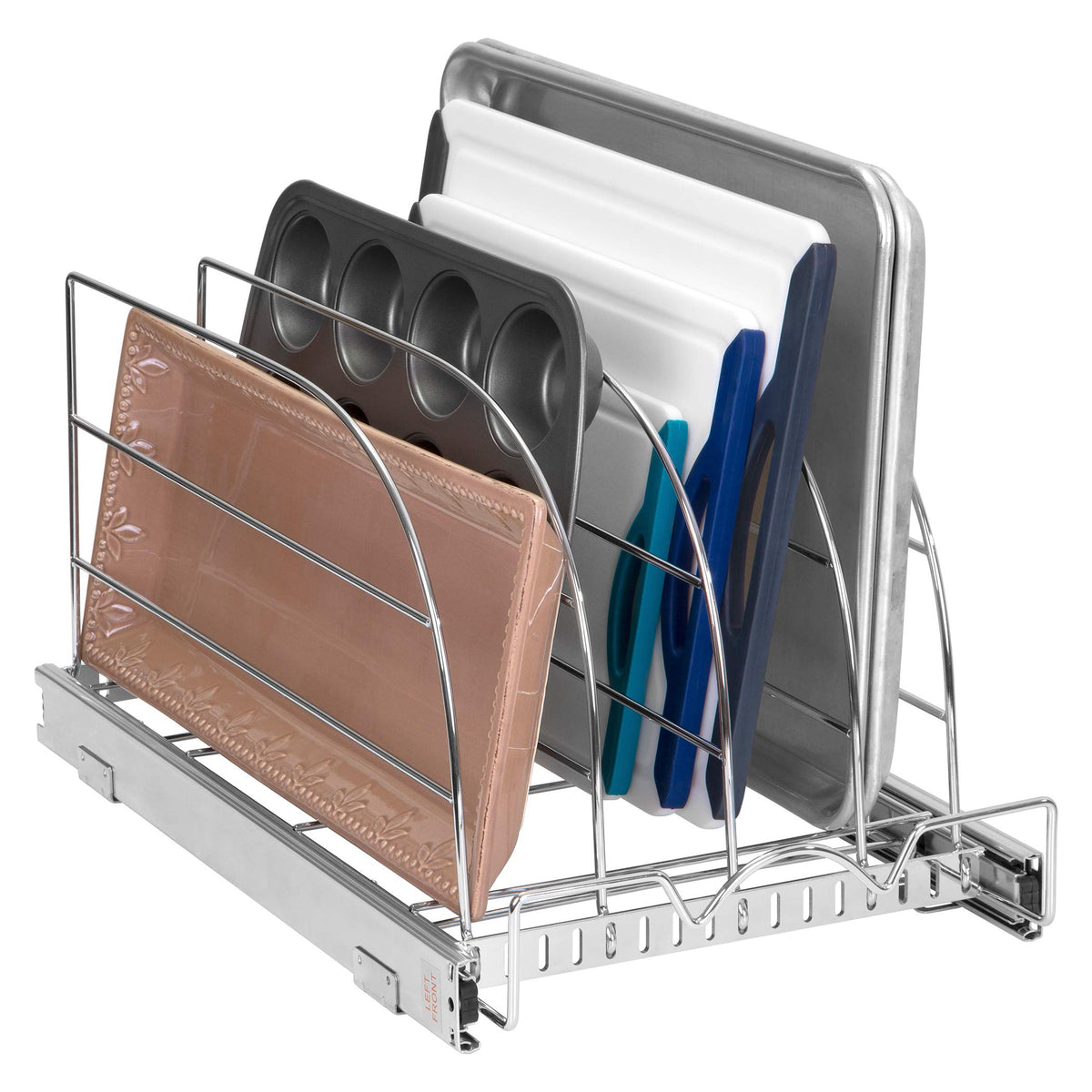 HOLDN’ STORAGE front view of pull-out organizer showing neat bakeware storage and quick access