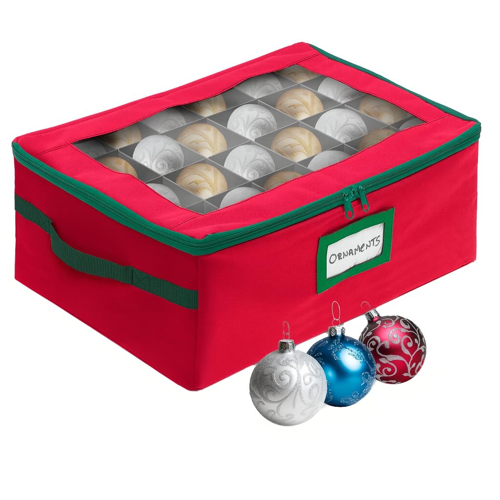 HOLDN’ STORAGE red box front view showing durable construction and clear lid, protects ornaments