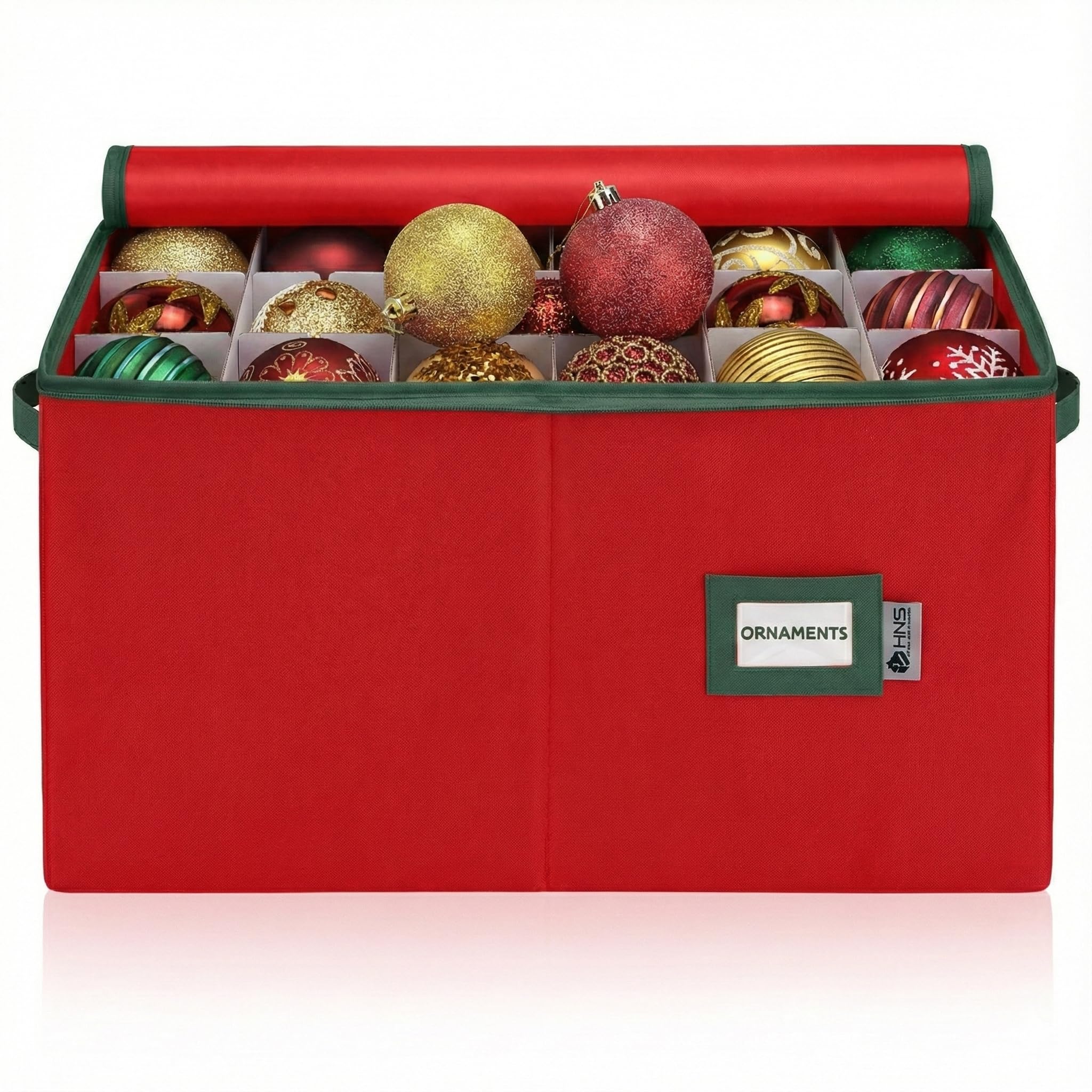 HOLDN’ STORAGE front view of red zippered ornament box showing compact profile and protection