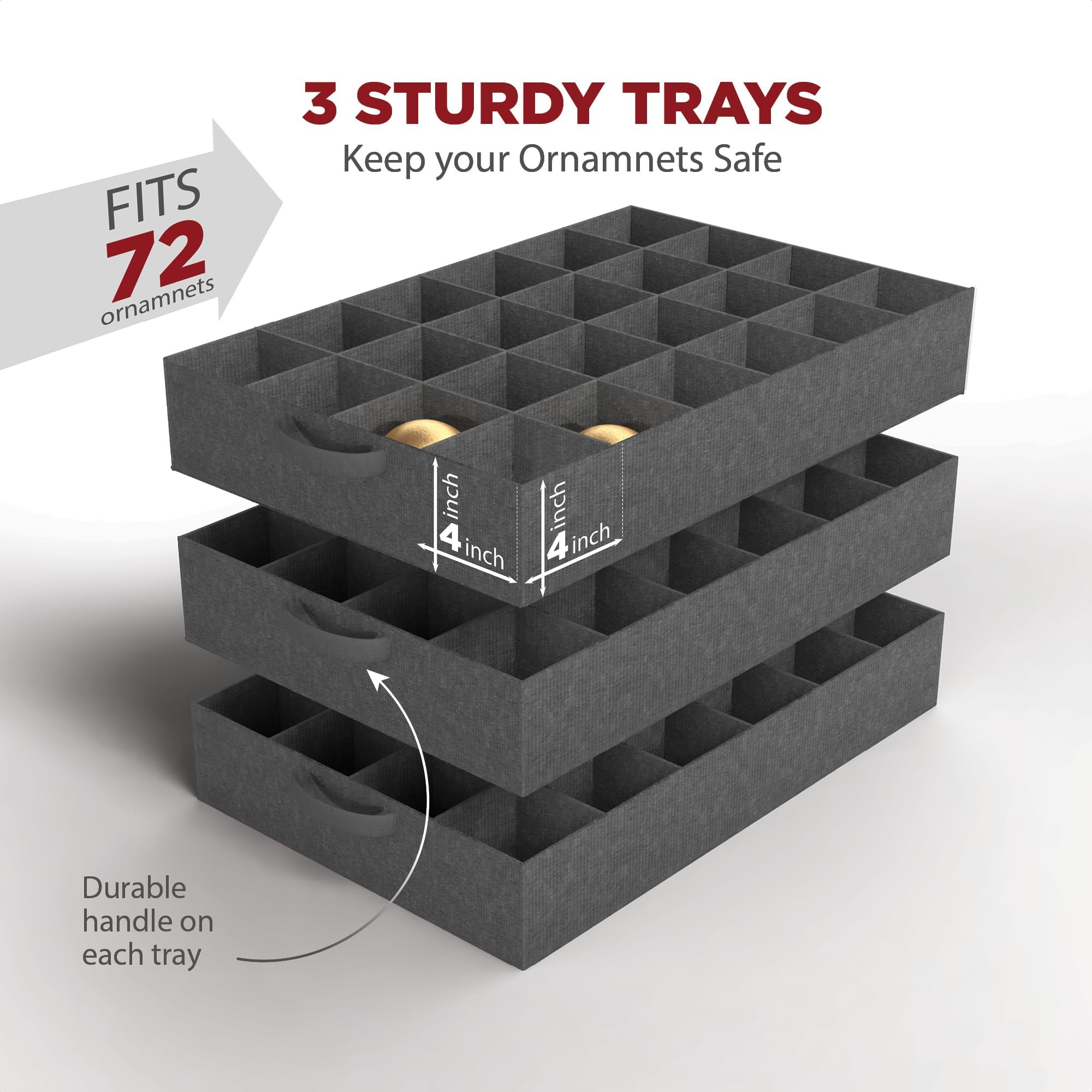 HOLDN’ STORAGE open top showing three removable trays for easy ornament loading and unloading