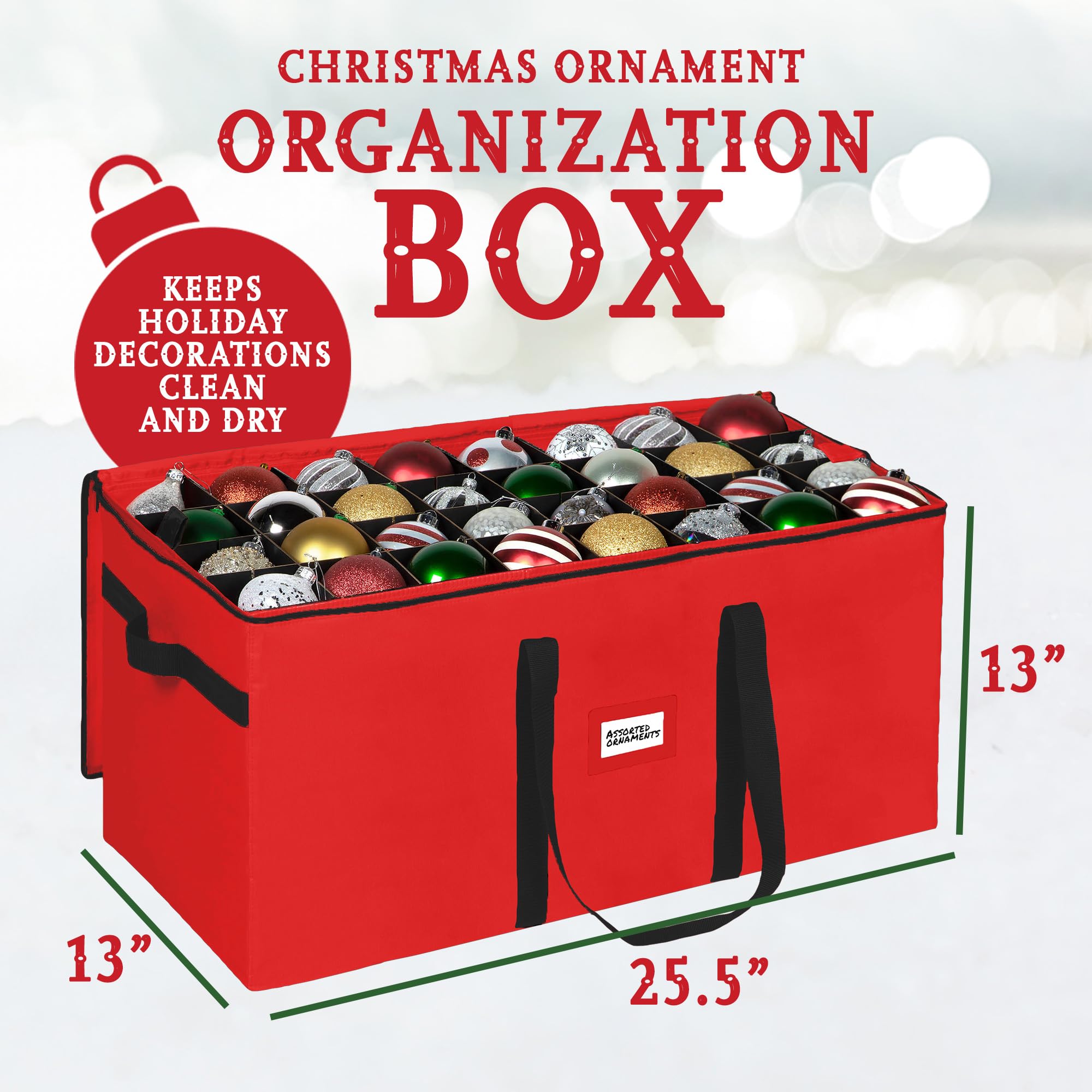 HOLDN’ STORAGE adjustable cardboard dividers configured to fit mixed ornament sizes