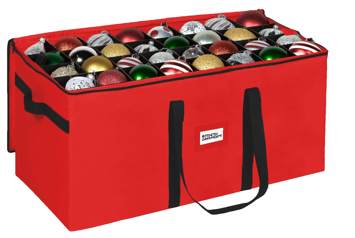 HOLDN’ STORAGE front view of red ornament storage box showing size and protection
