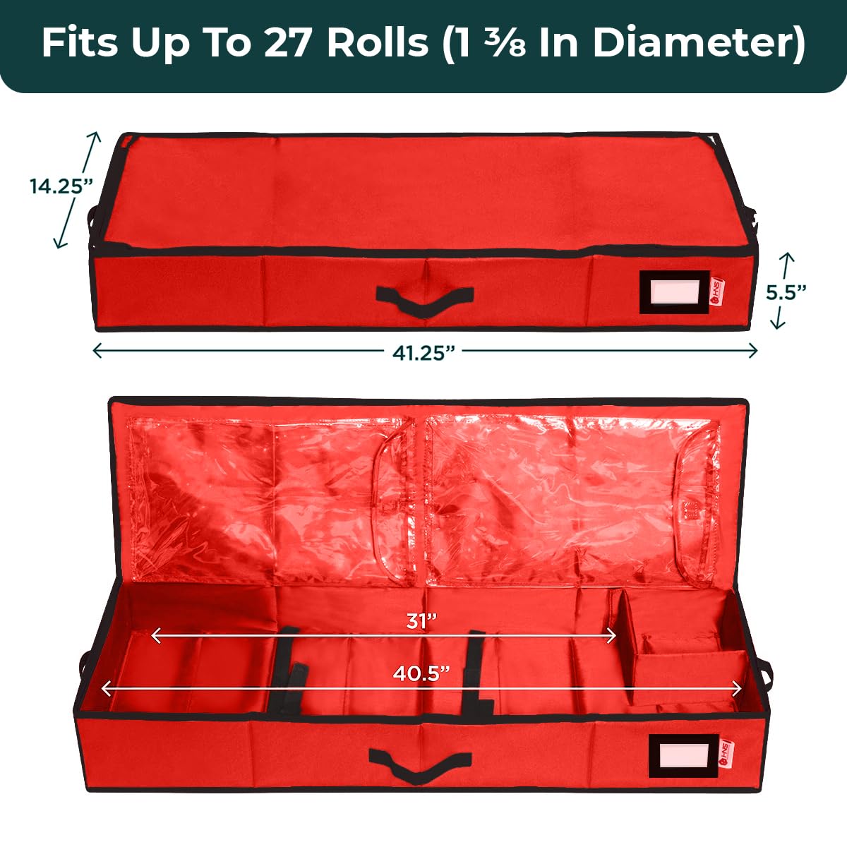 HOLDN’ STORAGE interior filled with wrapping paper rolls demonstrating secure roll storage