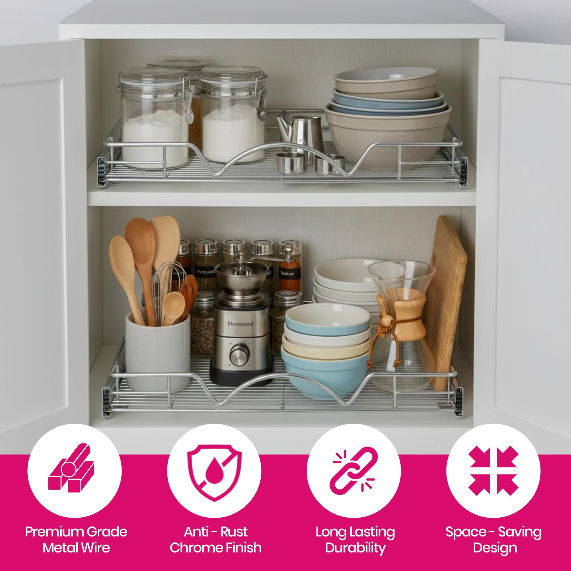 HOLDN’ STORAGE holding pots and pans neatly demonstrating heavy load capacity