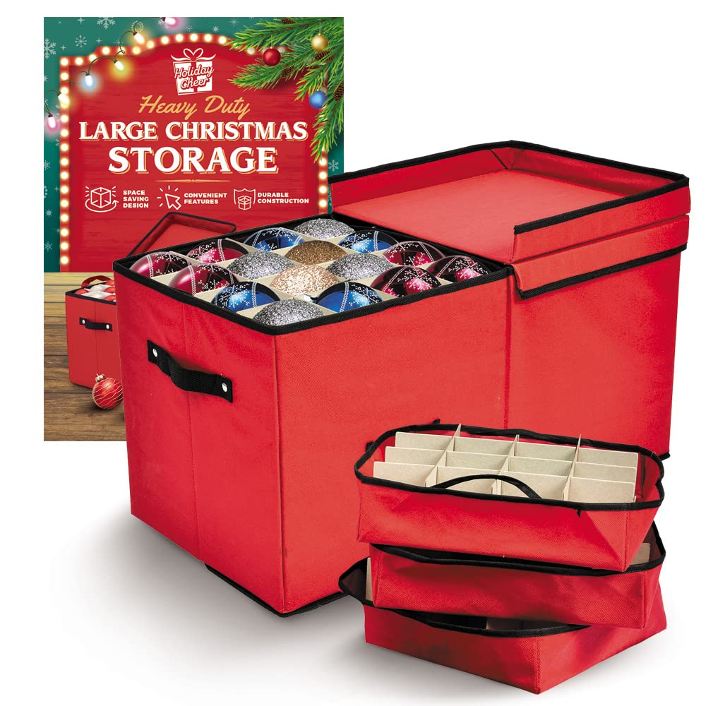 Holiday Cheer front view of closed ornament storage box showing neat design and benefit of tidy storage