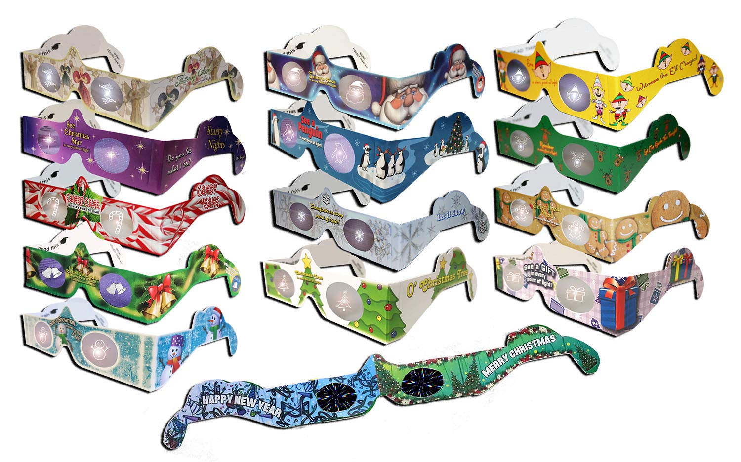 HolidayEyes front pack showing variety of festive diffraction glasses for party fun