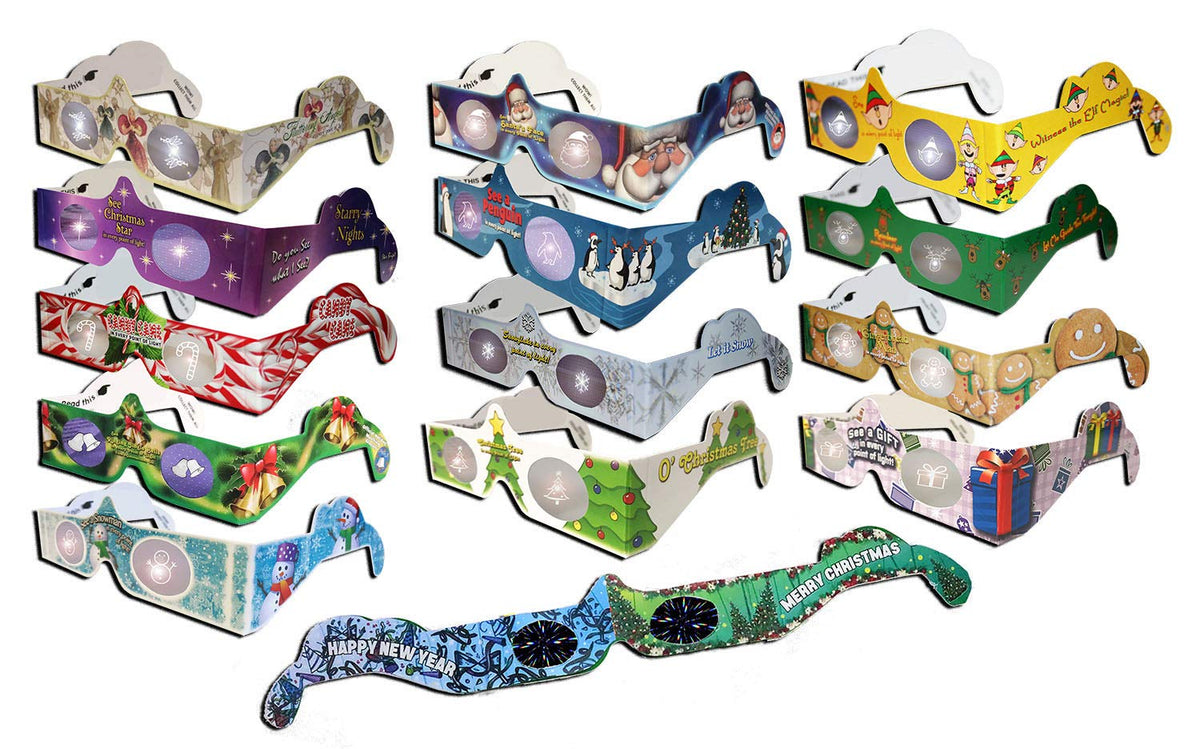 HolidayEyes front pack showing variety of festive diffraction glasses for party fun