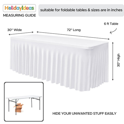 HolidayIdeas cover beside measuring tape showing fit for 72x30x30 inch tables and accurate dimensions