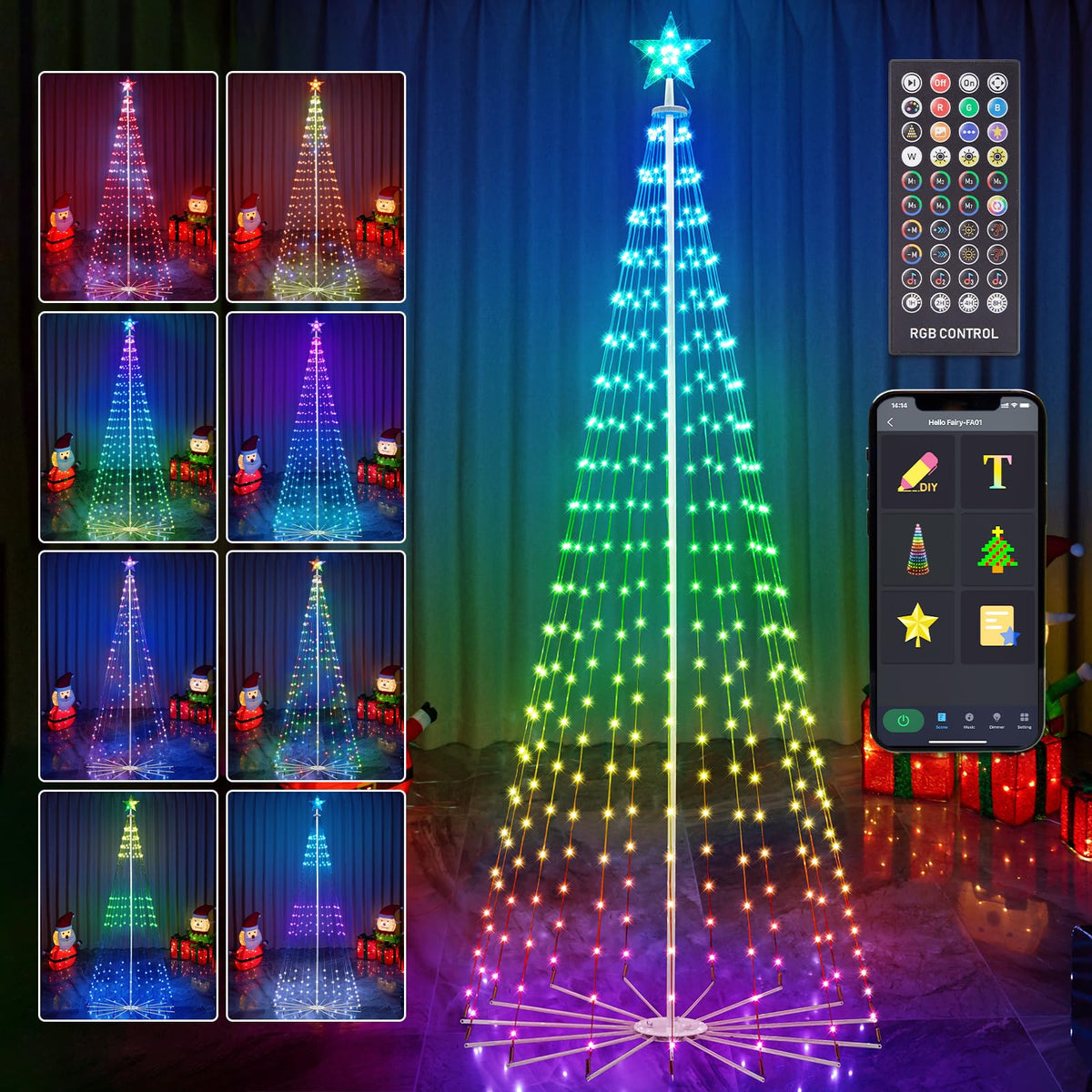 HOLILLUMA front view prelit cone tree showing vibrant multicolor display and curb appeal
