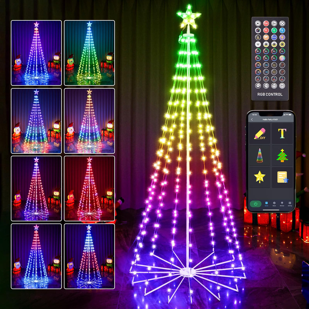 HOLILLUMA front view of 7ft pre-lit tree showing full RGB illumination and curb appeal