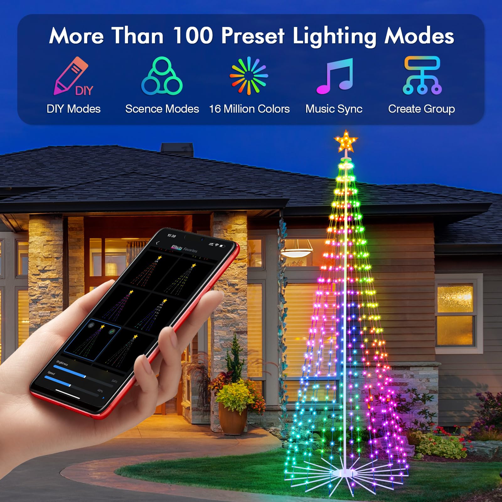 HOLILLUMA vibrant night display with color-changing LEDs enhancing curb appeal