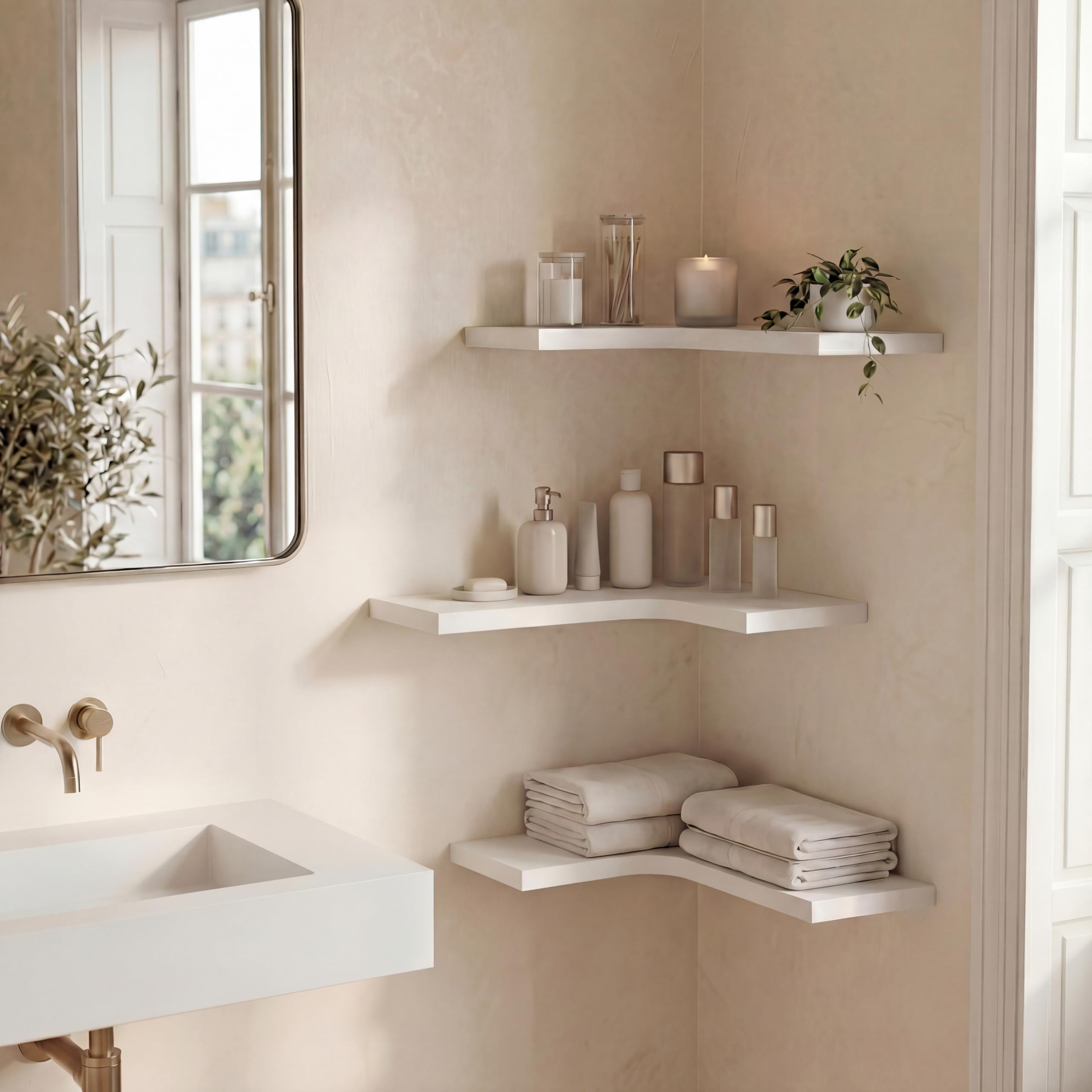 Homagle lifestyle shot in living room showing shelves with decor for enhanced corner styling