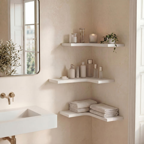 Homagle lifestyle shot in living room showing shelves with decor for enhanced corner styling