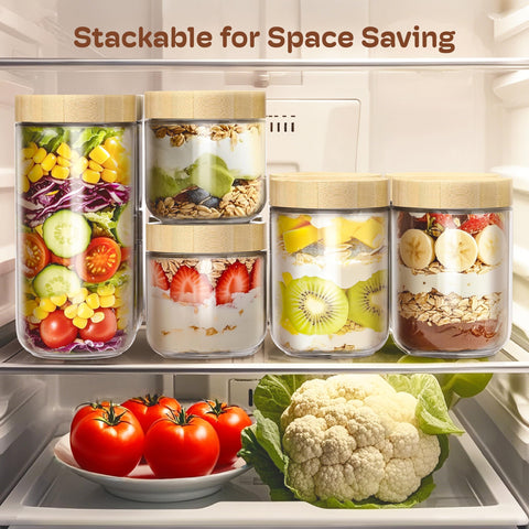 HomArtist organized fridge shelves with stacked jars showing neat space-saving benefit
