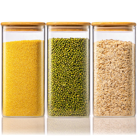 HomArtist front view of 3-pack jars showing clear glass and bamboo lids for neat pantry storage
