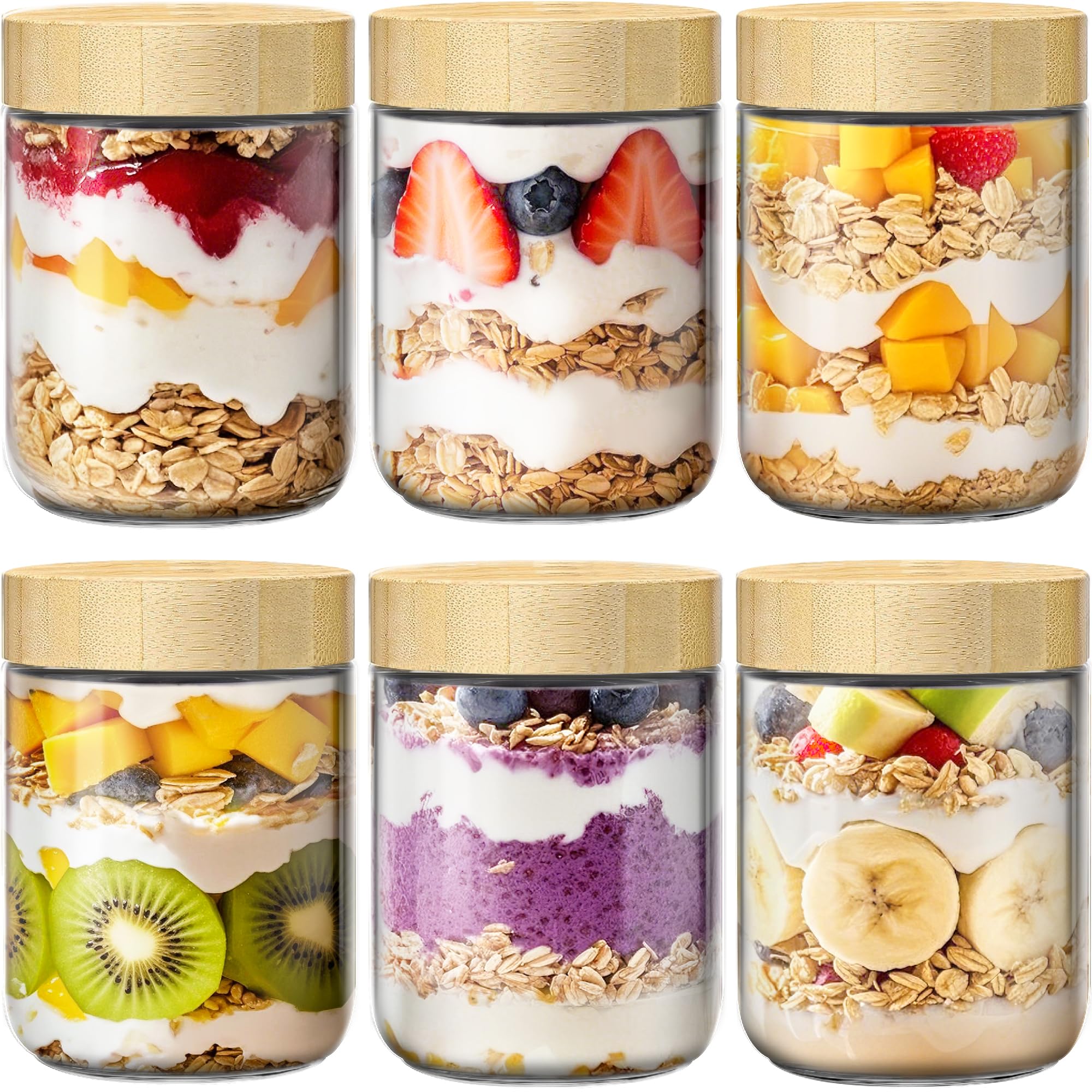 HomArtist front view of 6-pack jars showing bamboo lids and tidy storage benefit