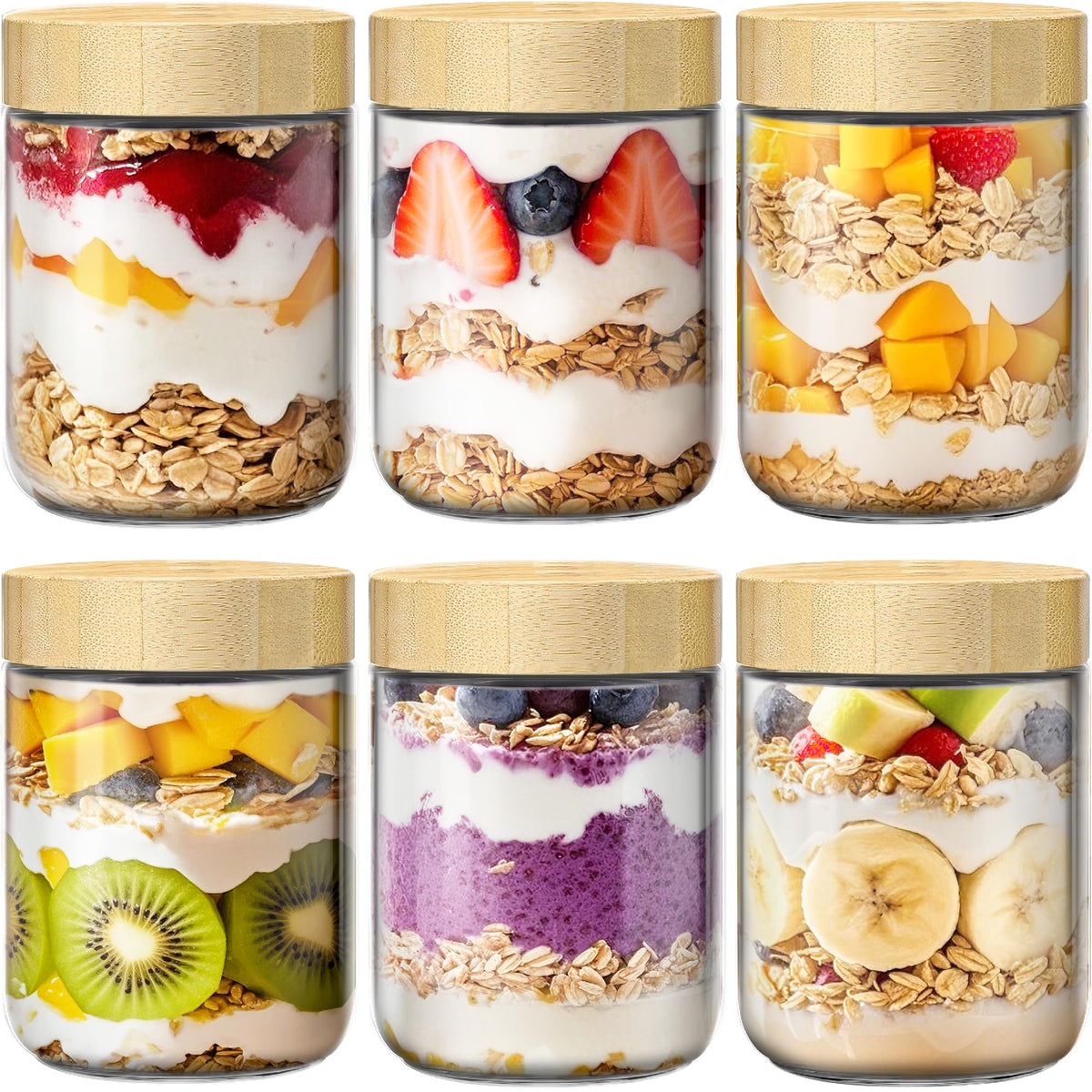 HomArtist front view of 6-pack jars showing bamboo lids and tidy storage benefit