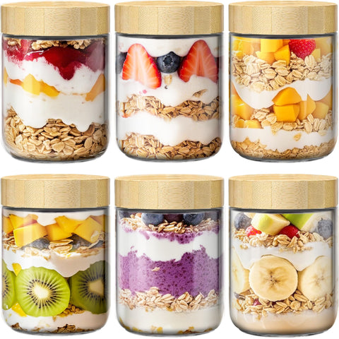 HomArtist front view of 6-pack jars showing bamboo lids and tidy storage benefit