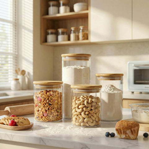 HomArtist labeled jars neatly arranged on pantry shelf for organized, visible storage