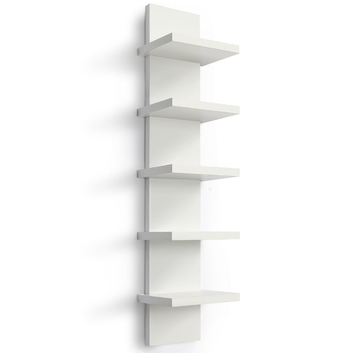 Homaterial front view of white vertical floating shelf showing clean lines and organization benefit
