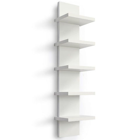 Homaterial front view of white vertical floating shelf showing clean lines and organization benefit