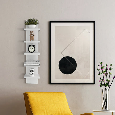 Homaterial shelf in use displaying plants and frames conveying decorative storage benefit