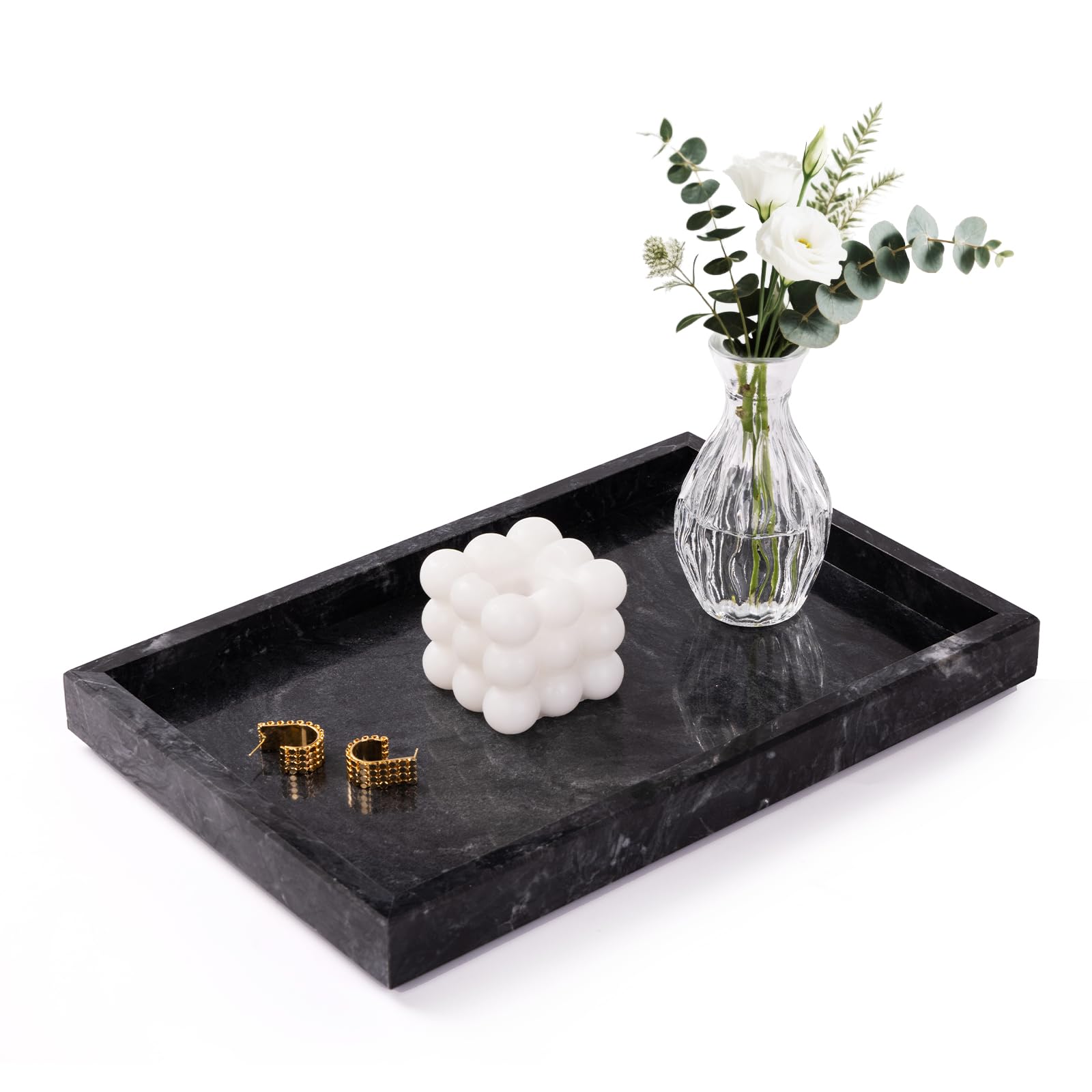 Homaura front view marble tray showing elegant shape and organization benefit