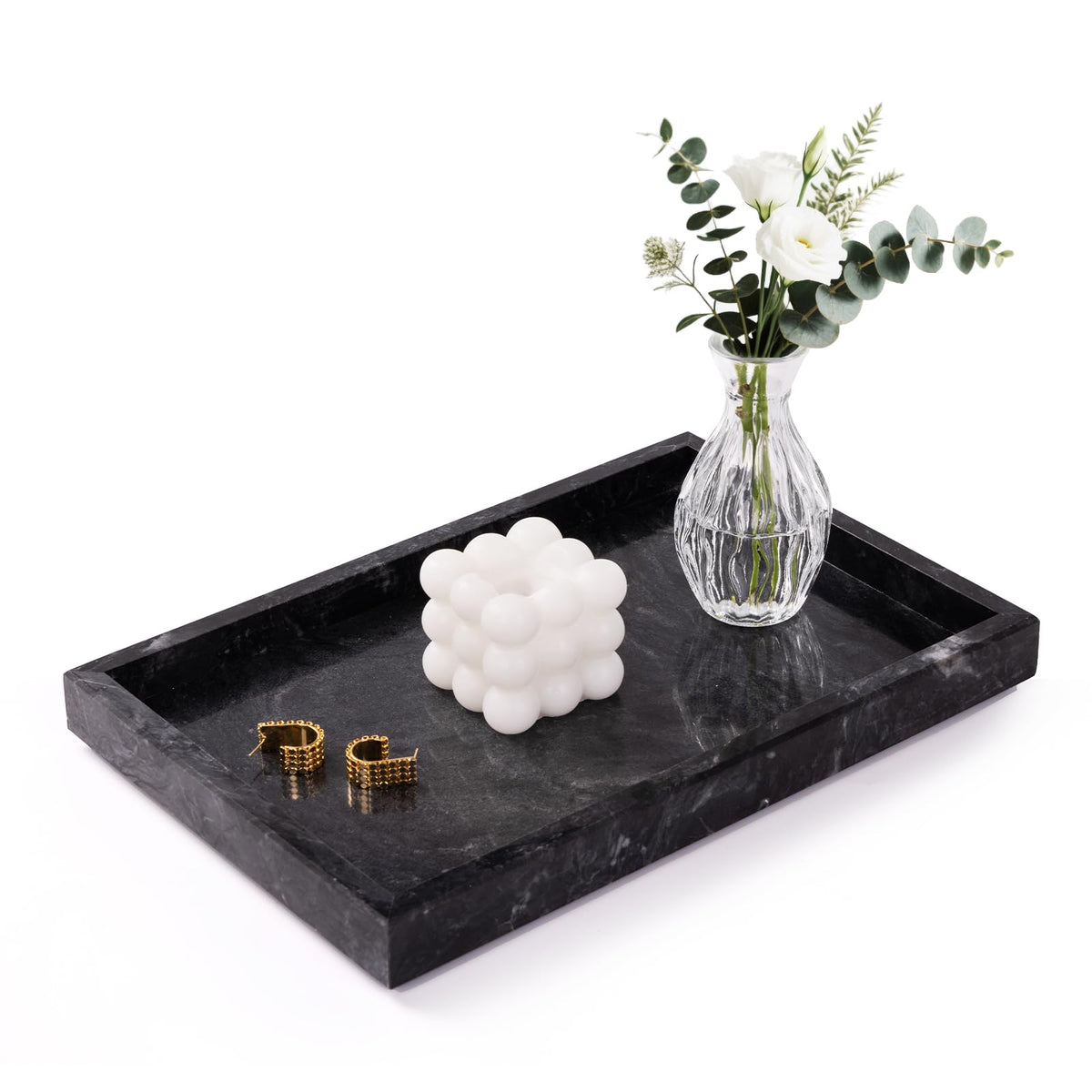 Homaura front view marble tray showing elegant shape and organization benefit