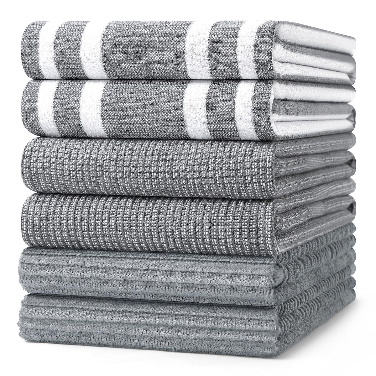 Homaxy front packaging showing six grey cotton towels, practical kitchen set
