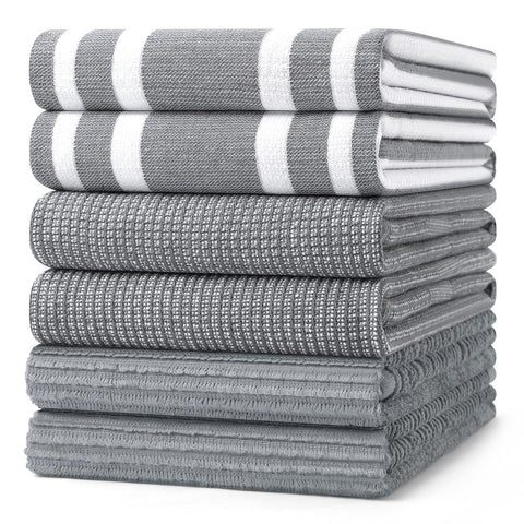 Homaxy front packaging showing six grey cotton towels, practical kitchen set