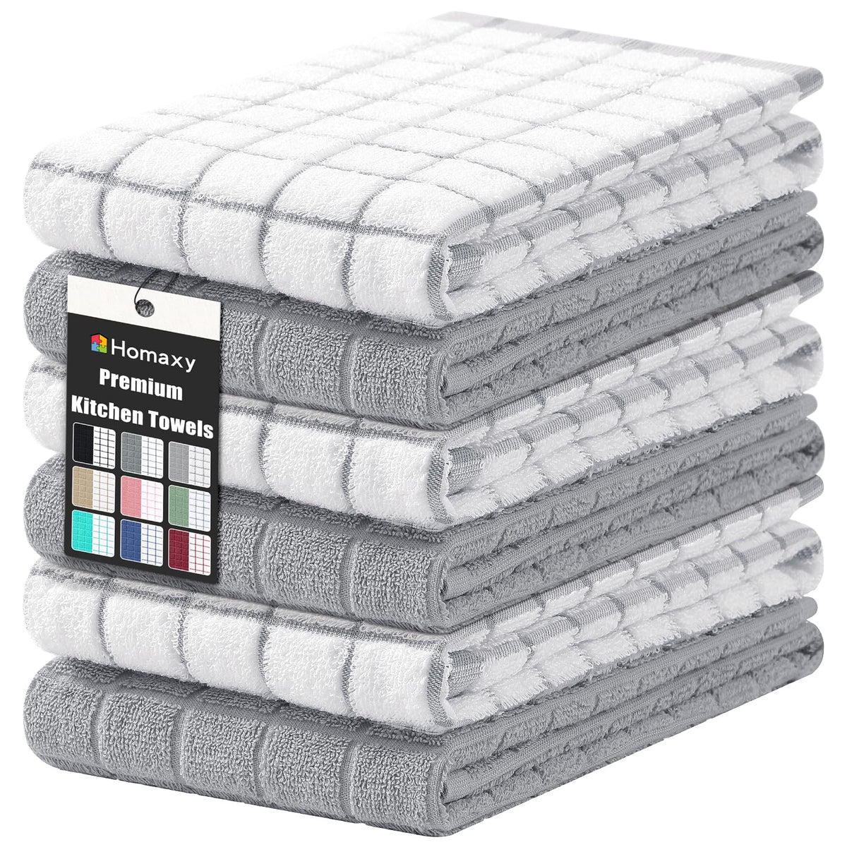 Homaxy front packaging showing six light grey towels, convenient set