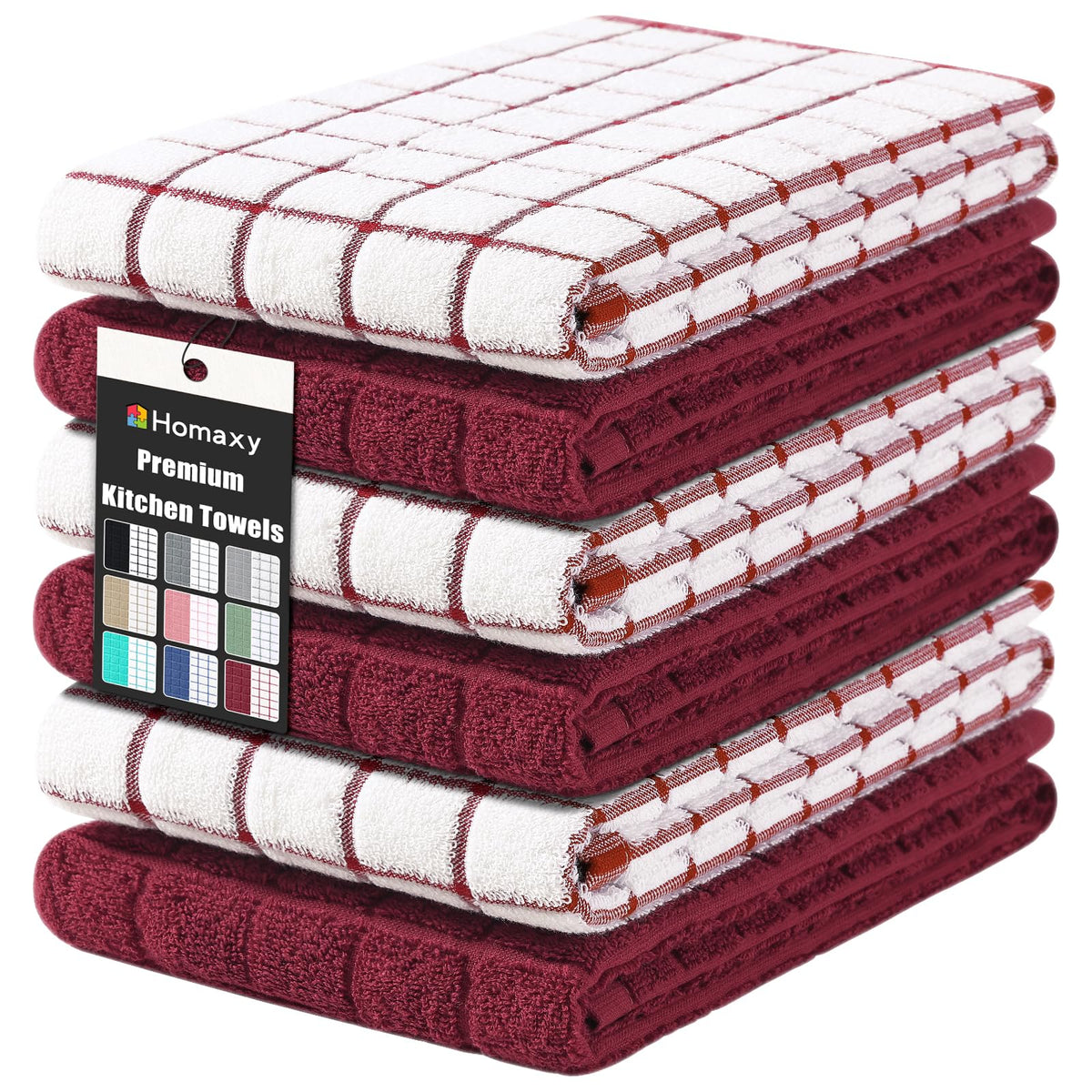 Homaxy front packaging displaying six red cotton towels and clear product view