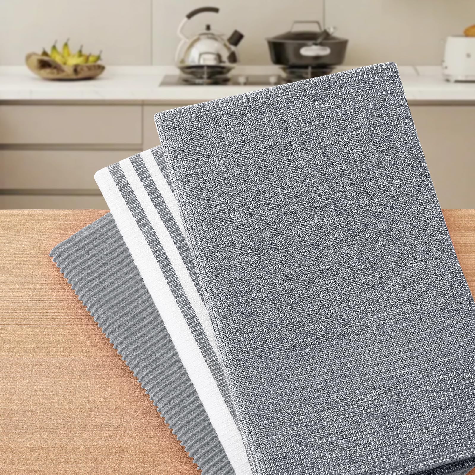 Homaxy towels styled in kitchen, neutral grey complements decor