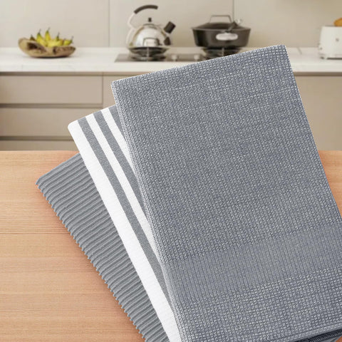 Homaxy towels styled in kitchen, neutral grey complements decor