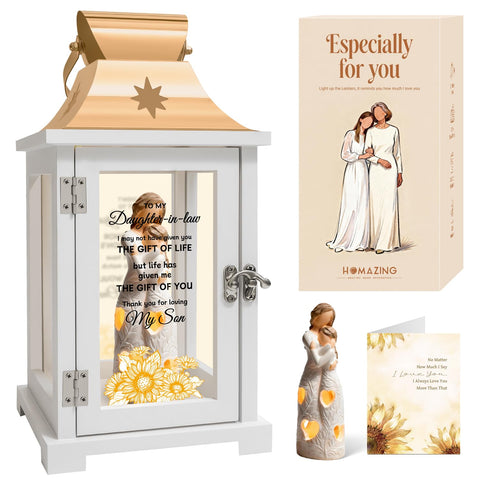 Homazing lantern front angle showing embrace figurine and warm glow benefit