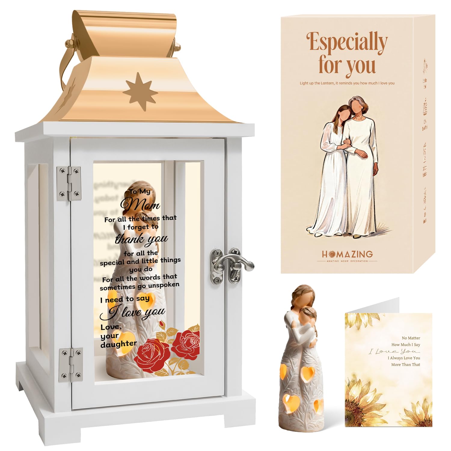Homazing front view lantern showing warm glowing figurine, evokes comfort