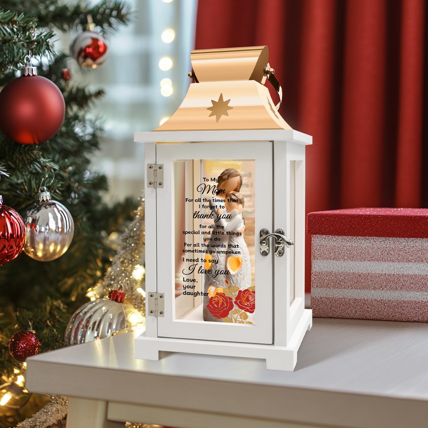 Homazing lantern glowing on bedside table, fosters warm sentimental atmosphere