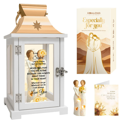 Homazing lantern front view showing sisters figurines and warm glow for keepsake display