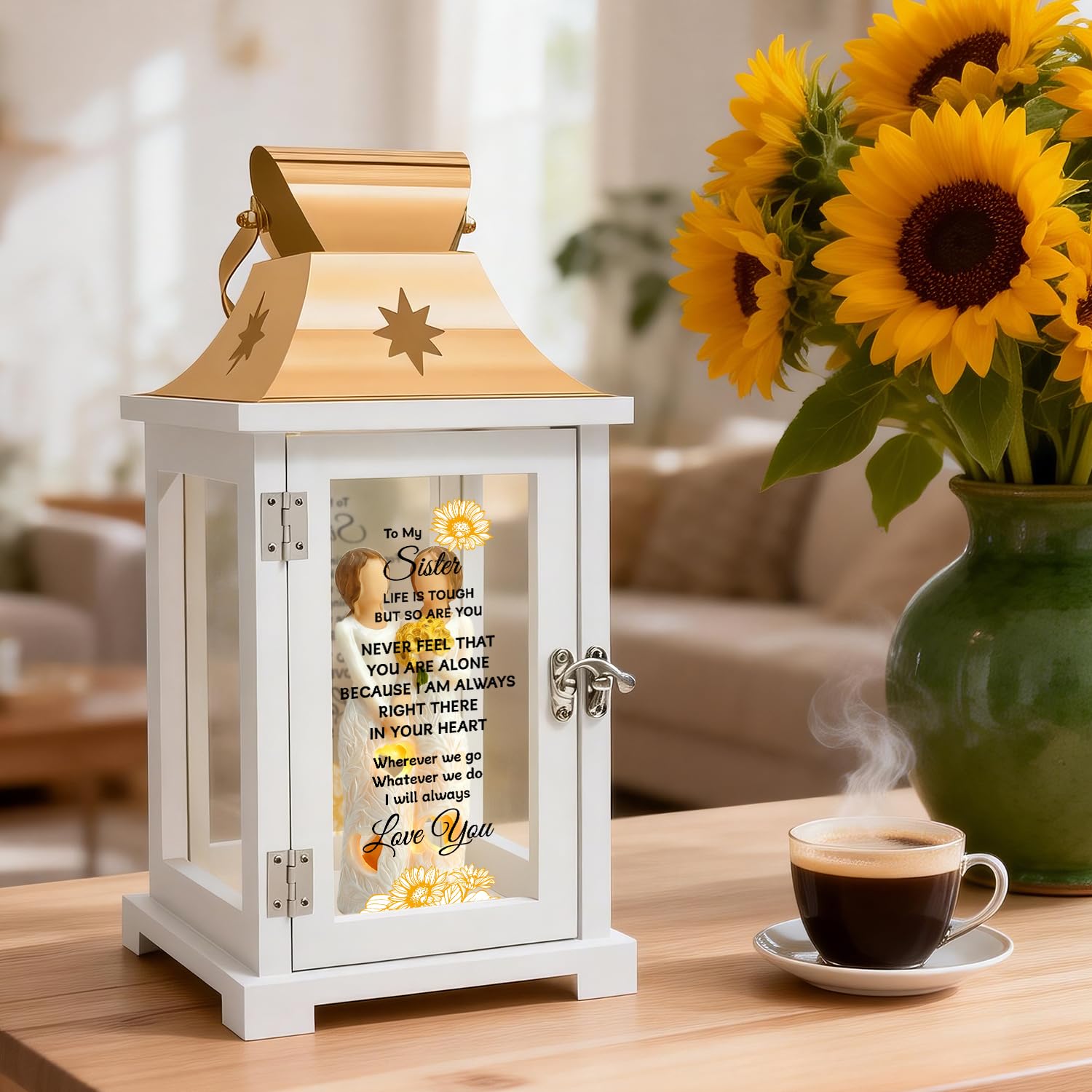 Homazing LED candle lit inside lantern showing flicker effect and safe ambient lighting