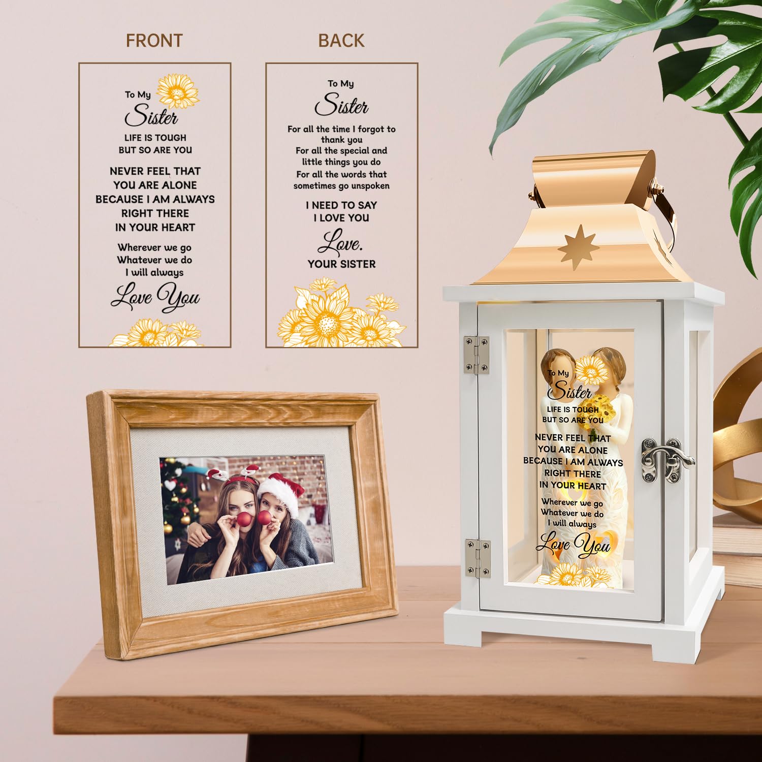 Homazing lantern side profile highlighting bouquet detail and connected arms for emotional gift