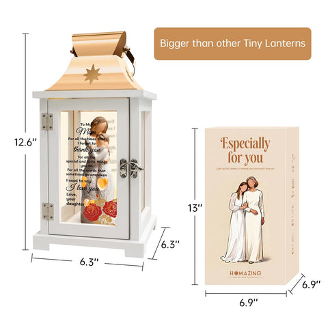 Homazing lantern on shelf for scale, demonstrates compact display suitability