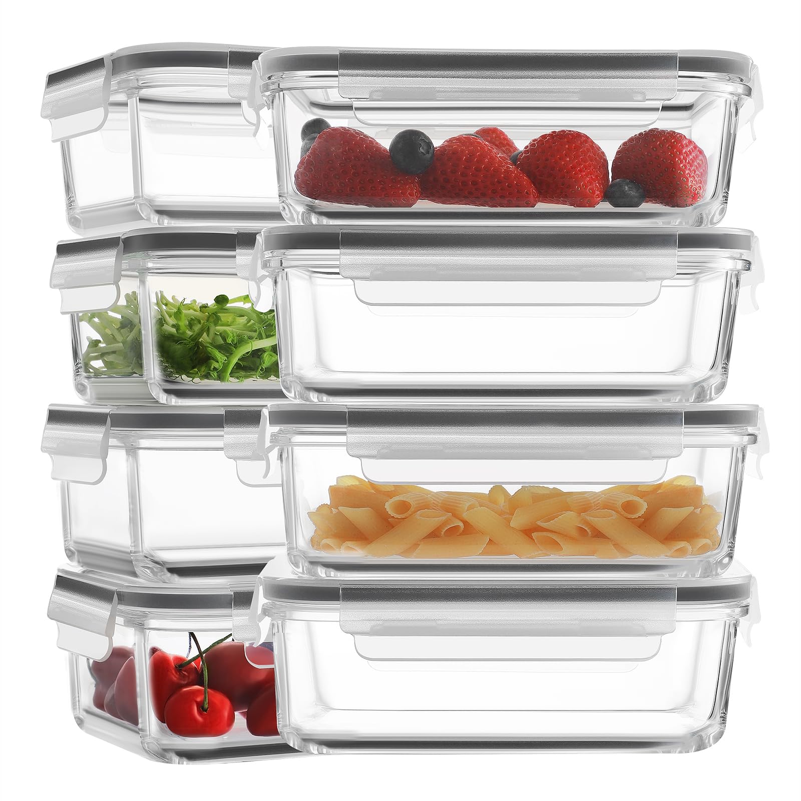 HOMBERKING front view of 8-pack glass containers showing set and lids for organized storage